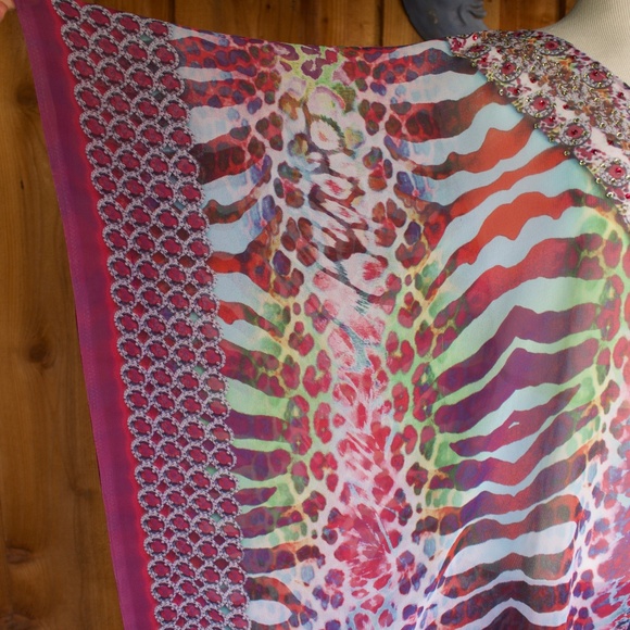 Miss G Bags Bejeweled Animal Print Chiffon Kaftan Poncho Blouse Size M - Picture 13 of 16